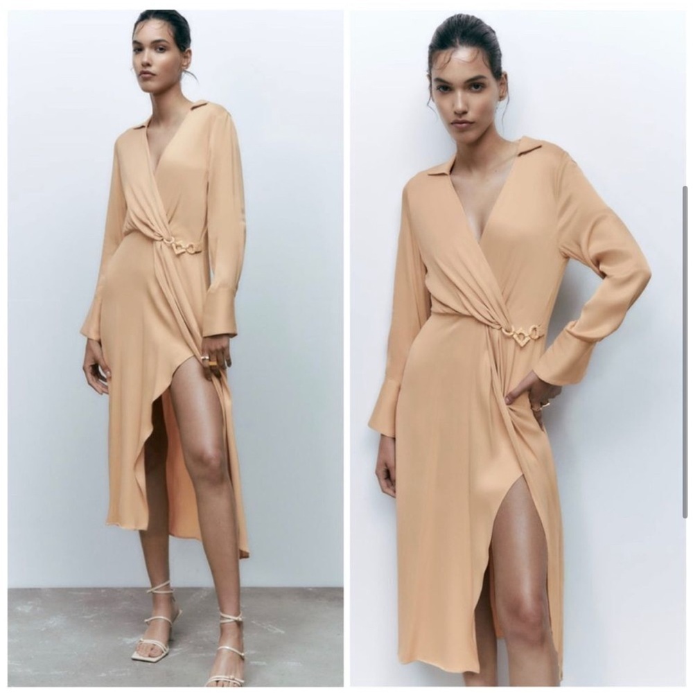 Zara Tan Sheath Dress with Tie Front and Slit